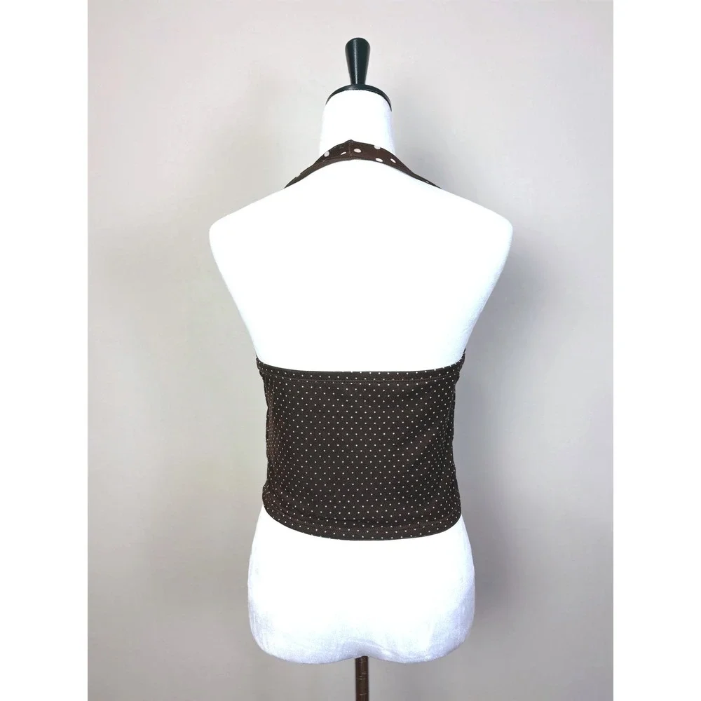 Y2K Sheer Brown & Cream Polka Dot Halter Top Shirt Size Medium Lined Stretchy - Picture 2 of 4